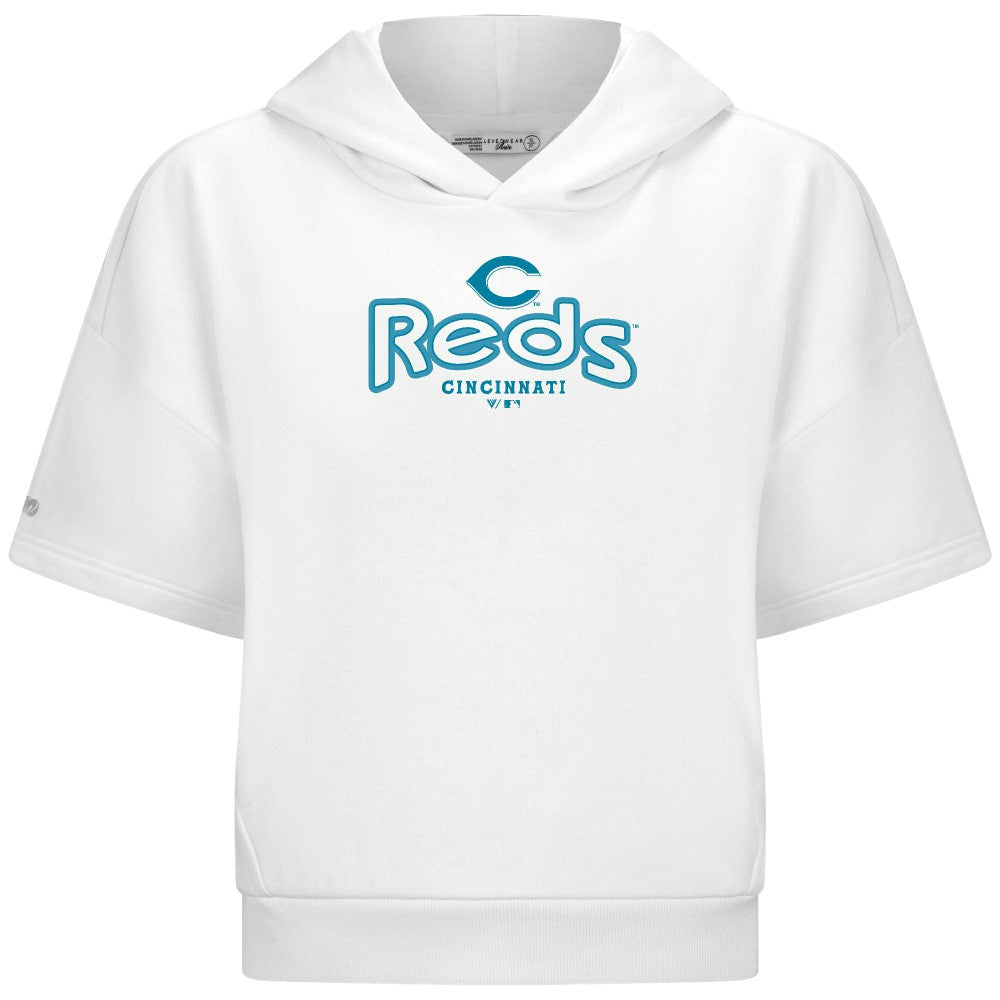Cincinnati Reds Levelwear Women's Amber Short Sleeve Cornerstone Hoodie - White - MLB Discount
