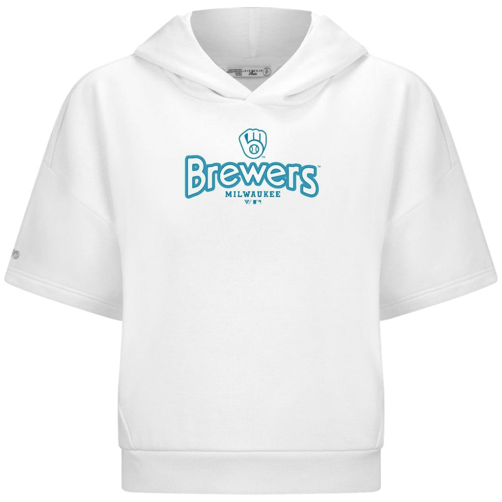 Milwaukee Brewers Levelwear Women's Amber Short Sleeve Cornerstone Hoodie - White - MLB Lifestyle