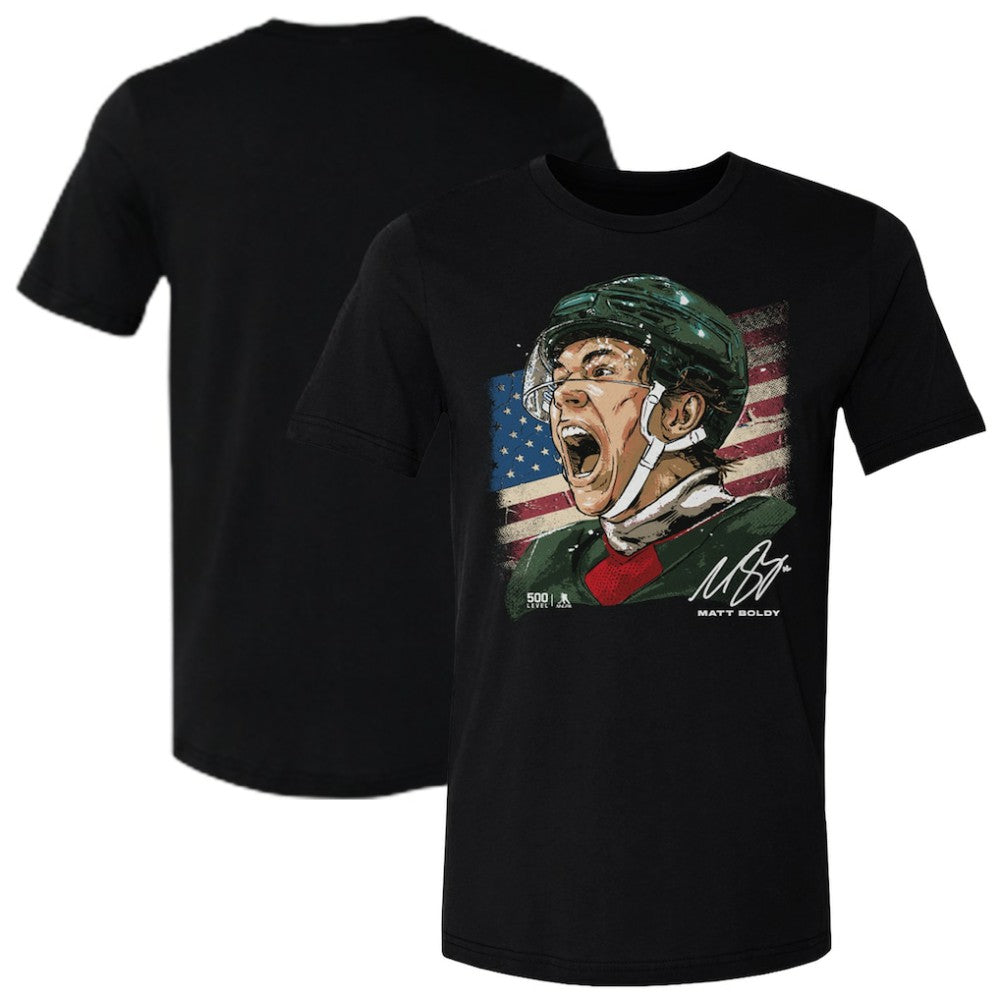 Matthew Boldy US Men's Hockey 500 Level Flag T-Shirt - Black - NHL 203959019