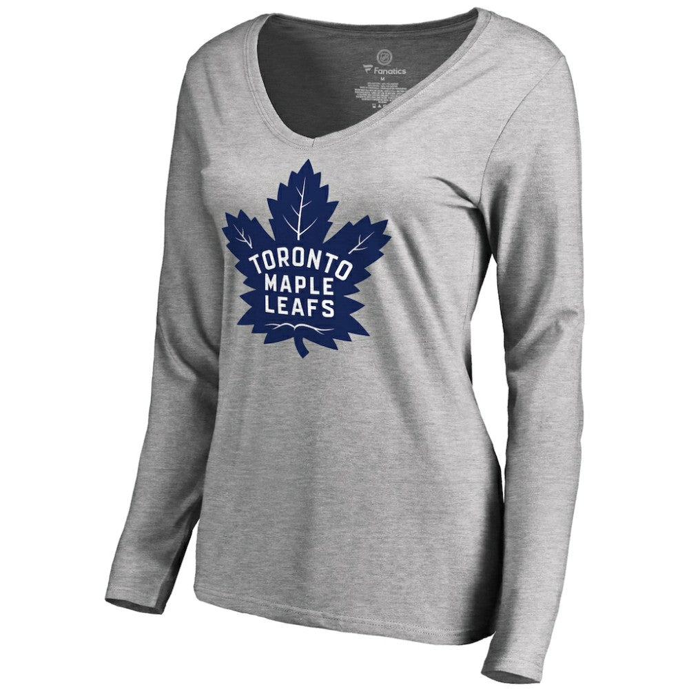 Toronto Maple Leafs Women's New Primary Logo V-Neck Long Sleeve T-Shirt - Heathered Gray - NHL 2509235