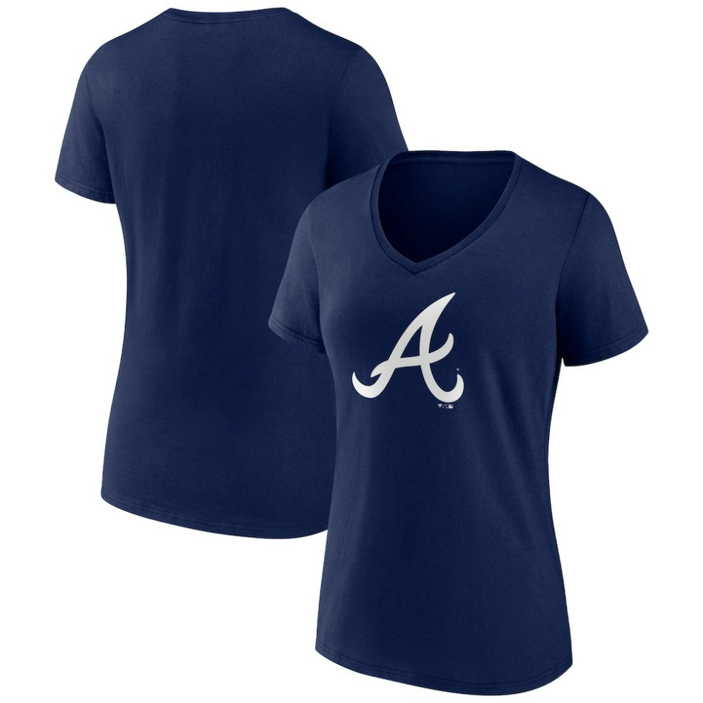 Atlanta Braves Women's Team Color Primary Logo V-Neck T-Shirt - Navy - MLB Sale