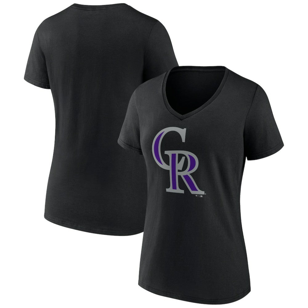 Colorado Rockies Women's Team Color Primary Logo V-Neck T-Shirt - Black - MLB Discount