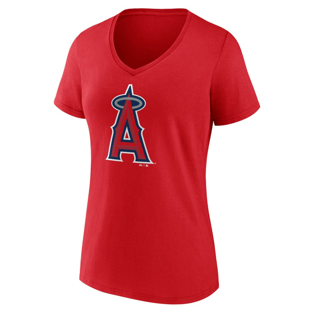 Los Angeles Angels Women's Team Color Primary Logo V-Neck T-Shirt - Red - MLB Sale