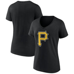 Pittsburgh Pirates Women's Team Color Primary Logo V-Neck T-Shirt - Black - MLB on Sale