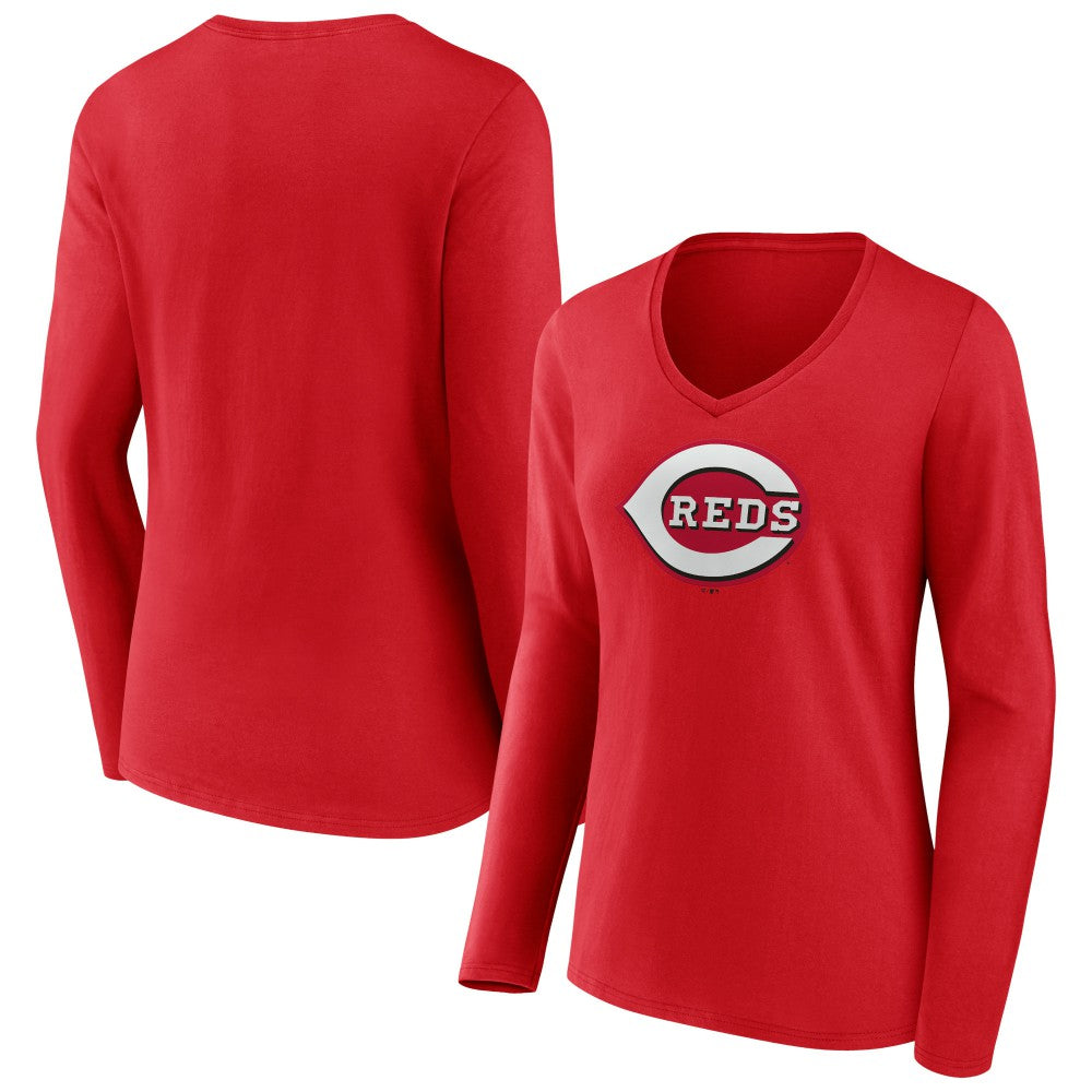 Cincinnati Reds Women's Team Color Primary Logo V-Neck Long Sleeve T-Shirt - Red - MLB Discount