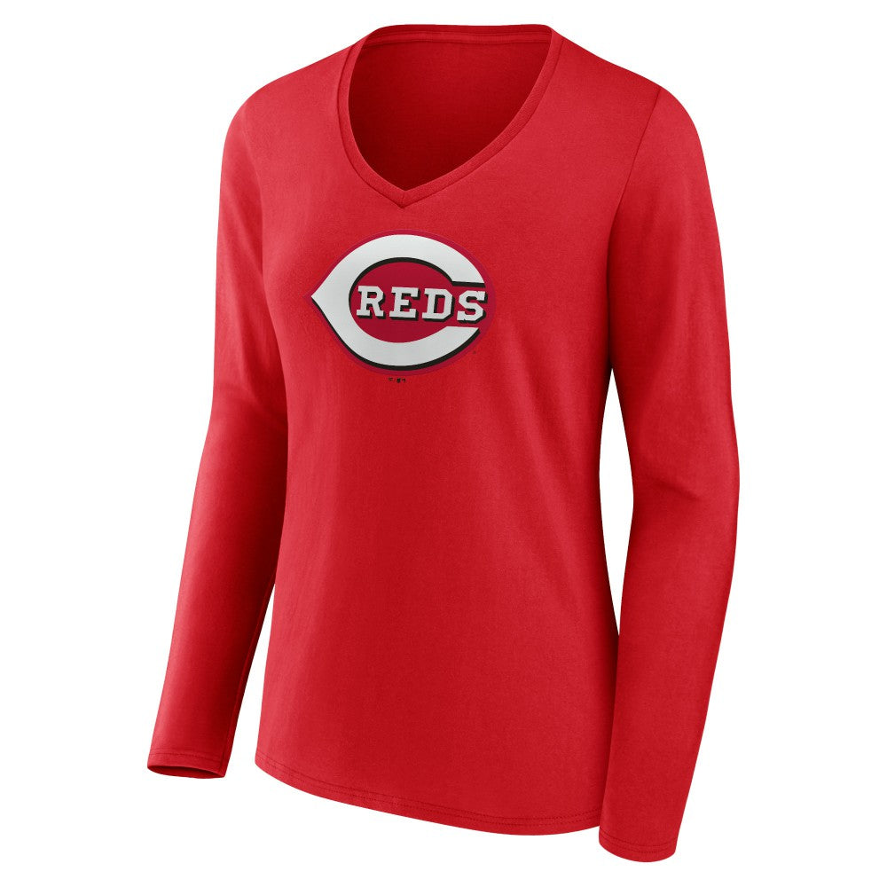 Cincinnati Reds Women's Team Color Primary Logo V-Neck Long Sleeve T-Shirt - Red - MLB Discount