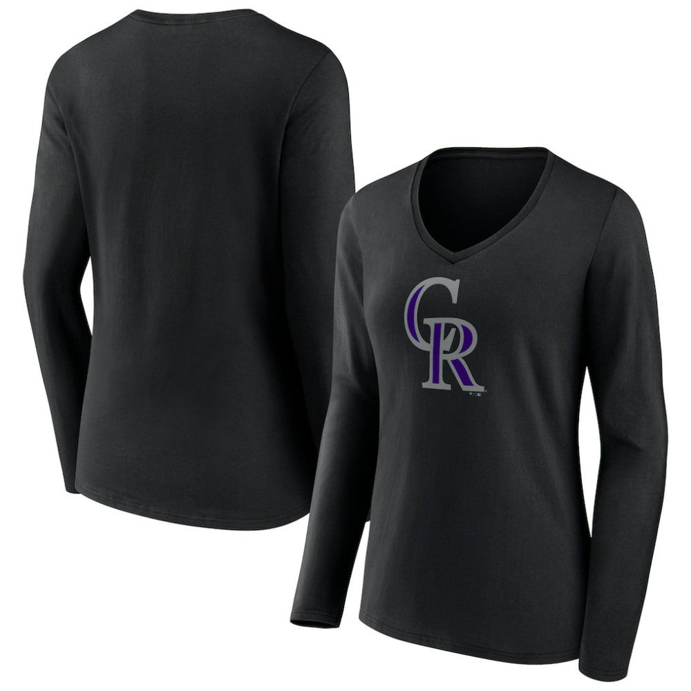 Colorado Rockies Women's Team Color Primary Logo V-Neck Long Sleeve T-Shirt - Black - MLB Sale