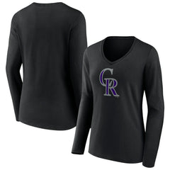 Colorado Rockies Women's Team Color Primary Logo V-Neck Long Sleeve T-Shirt - Black - MLB Sale