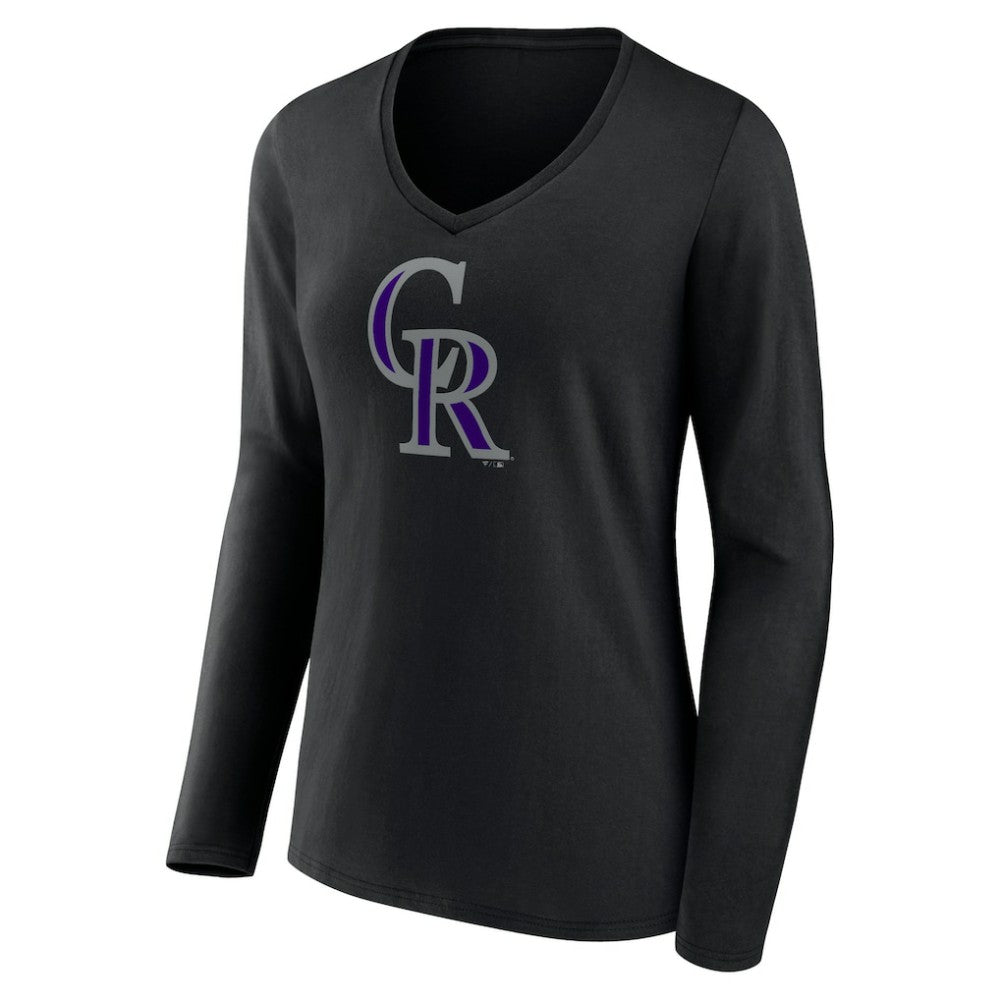 Colorado Rockies Women's Team Color Primary Logo V-Neck Long Sleeve T-Shirt - Black - MLB Sale