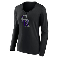 Colorado Rockies Women's Team Color Primary Logo V-Neck Long Sleeve T-Shirt - Black - MLB Sale