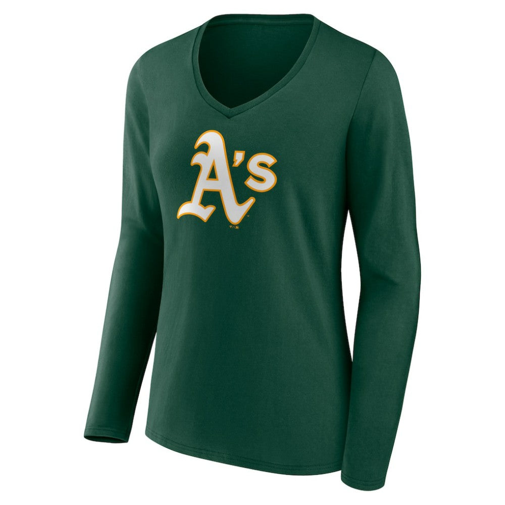 Athletics Women's Team Color Primary Logo V-Neck Long Sleeve T-Shirt - Green - MLB Online