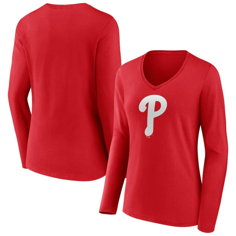 Philadelphia Phillies Women's Team Color Primary Logo V-Neck Long Sleeve T-Shirt - Red - MLB Sale