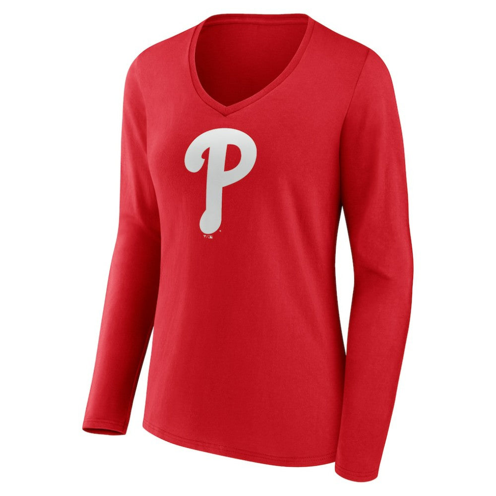 Philadelphia Phillies Women's Team Color Primary Logo V-Neck Long Sleeve T-Shirt - Red - MLB Sale