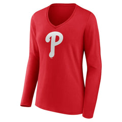 Philadelphia Phillies Women's Team Color Primary Logo V-Neck Long Sleeve T-Shirt - Red - MLB Sale