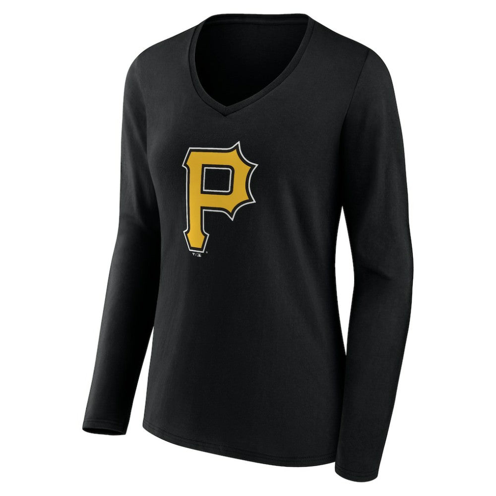 Pittsburgh Pirates Women's Team Color Primary Logo V-Neck Long Sleeve T-Shirt - Black - MLB Online