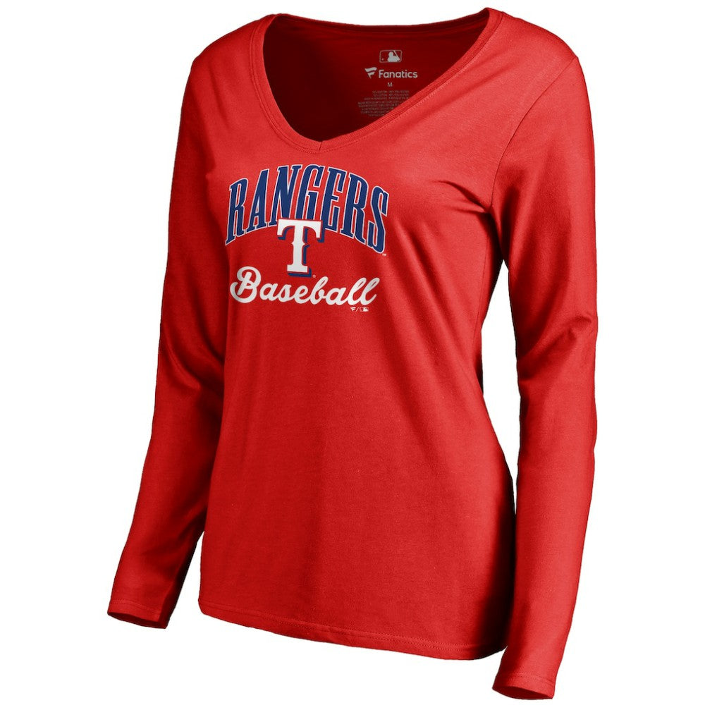 Texas Rangers Women's Victory Script Long Sleeve T-Shirt - Red - MLB Discount