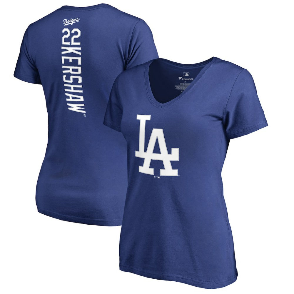 Clayton Kershaw Los Angeles Dodgers Women's Backer Name & Number V-Neck T-Shirt - Royal - MLB on Sale