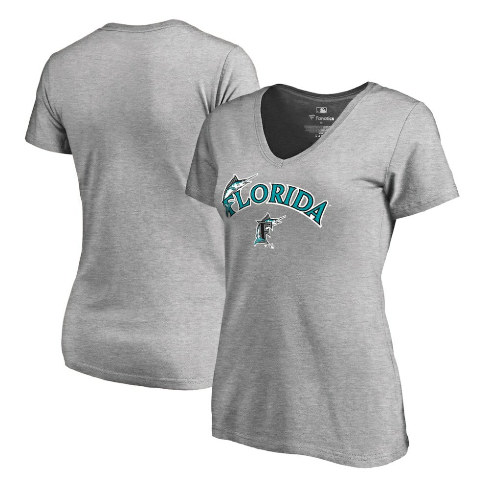 Miami Marlins Women's Core Wahconah V-Neck T-Shirt - Heather Gray - MLB Sale