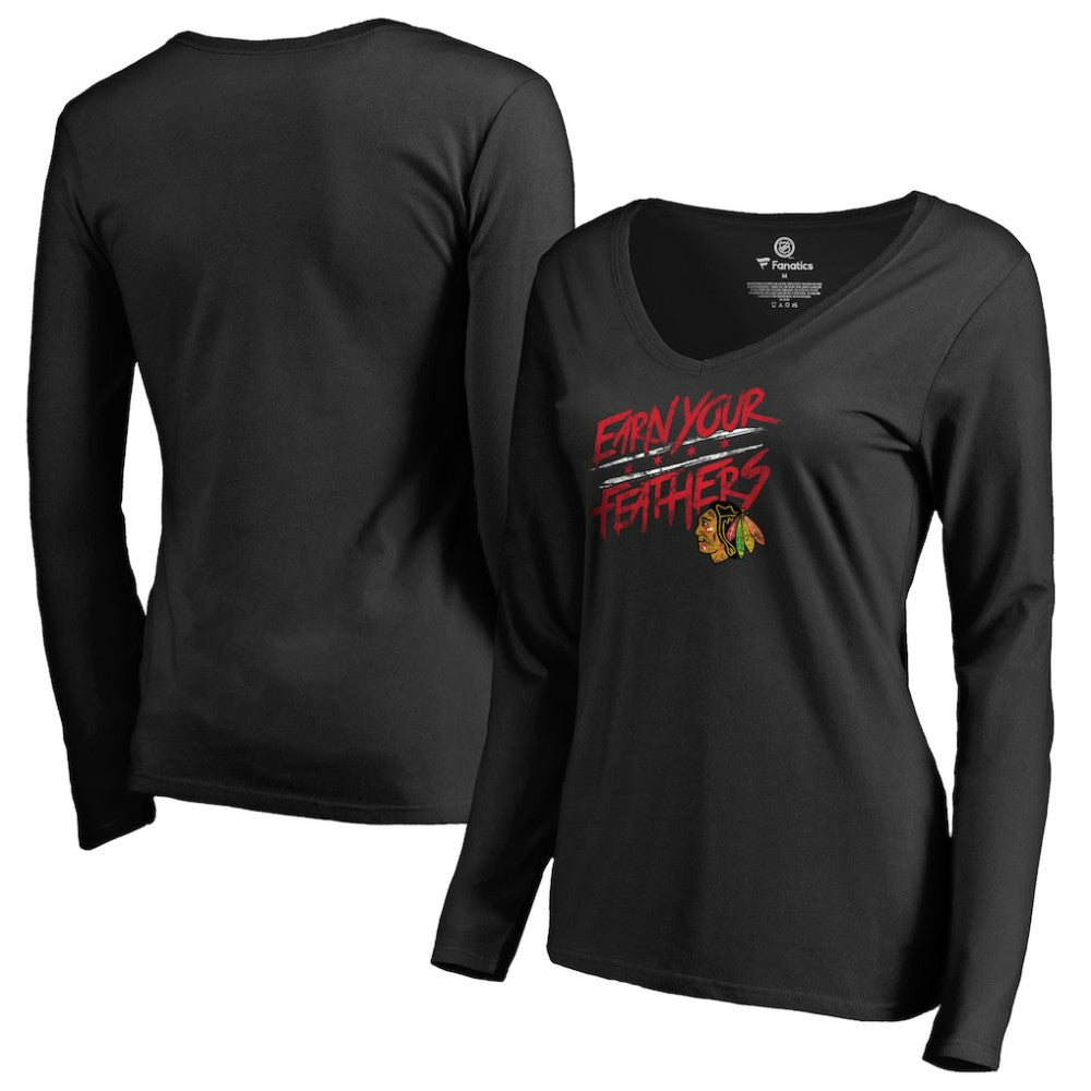Chicago Blackhawks Women's Hometown Collection Earn Your Feathers Long Sleeve T-Shirt - Black - NHL 2780756