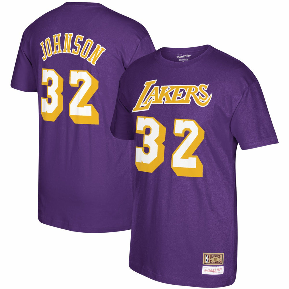 Magic Johnson Los Angeles Lakers Hardwood Classics Name & Number T-Shirt Purple | Mitchell & Ness Lifestyle