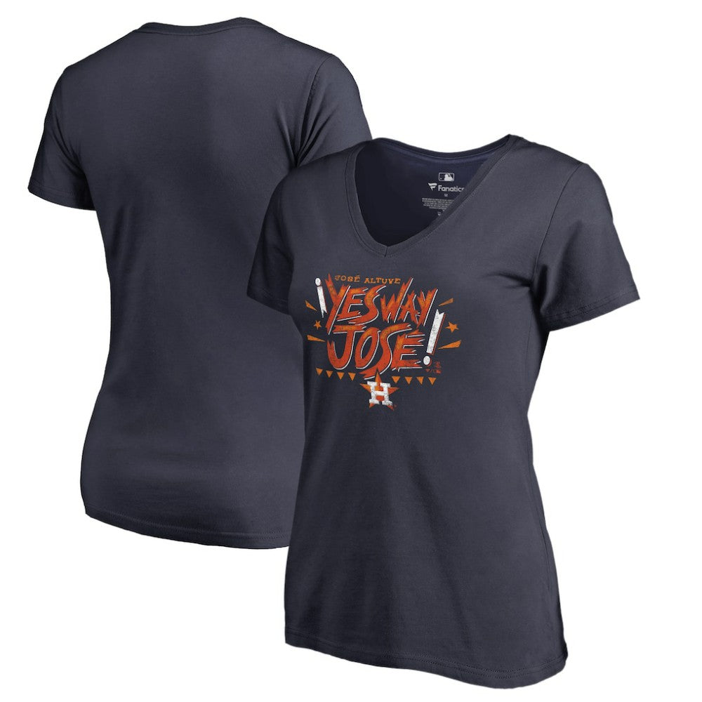 Jose Altuve Houston Astros Women's Player Hometown Collection V-Neck Yes Way Jose T-Shirt - Navy - MLB Sale
