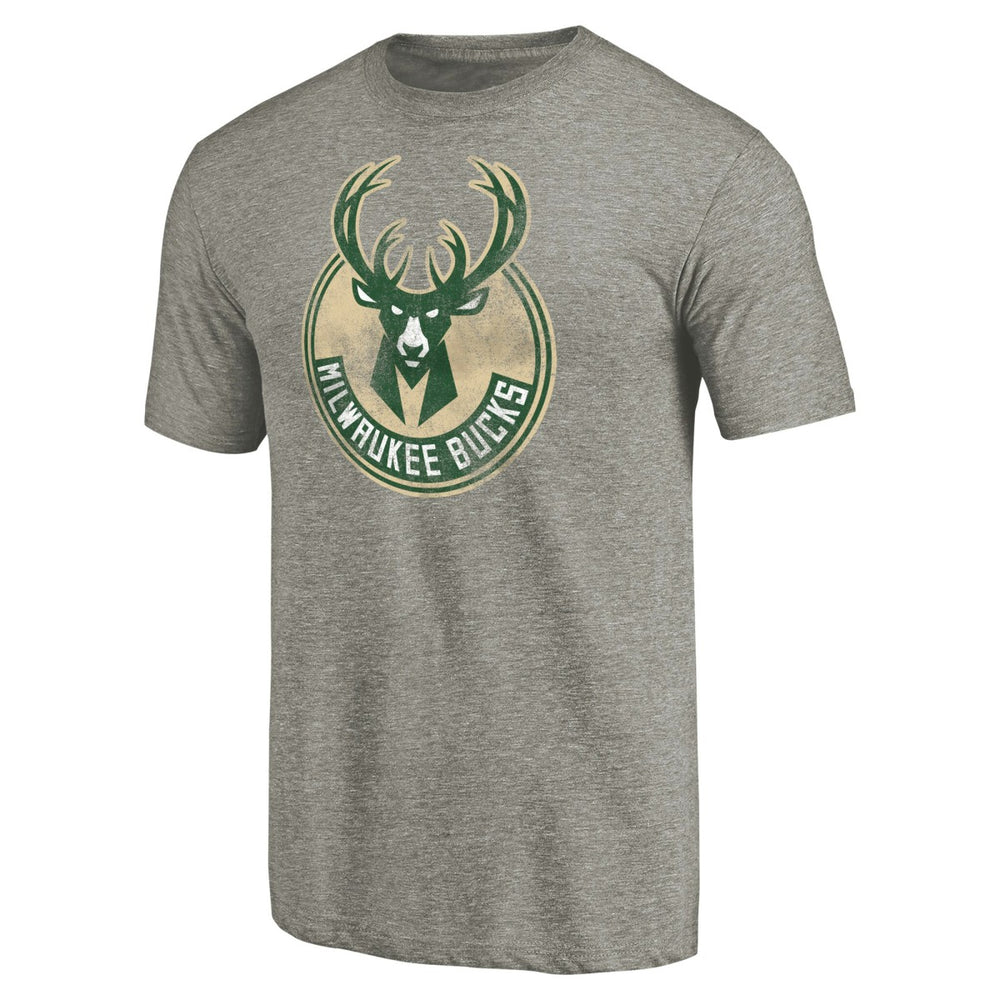 Milwaukee Bucks Distressed Team Logo Tri-Blend T-Shirt Heather Gray