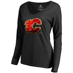 Calgary Flames Women's Midnight Mascot Long Sleeve V-Neck T-Shirt - Black - NHL 2874638