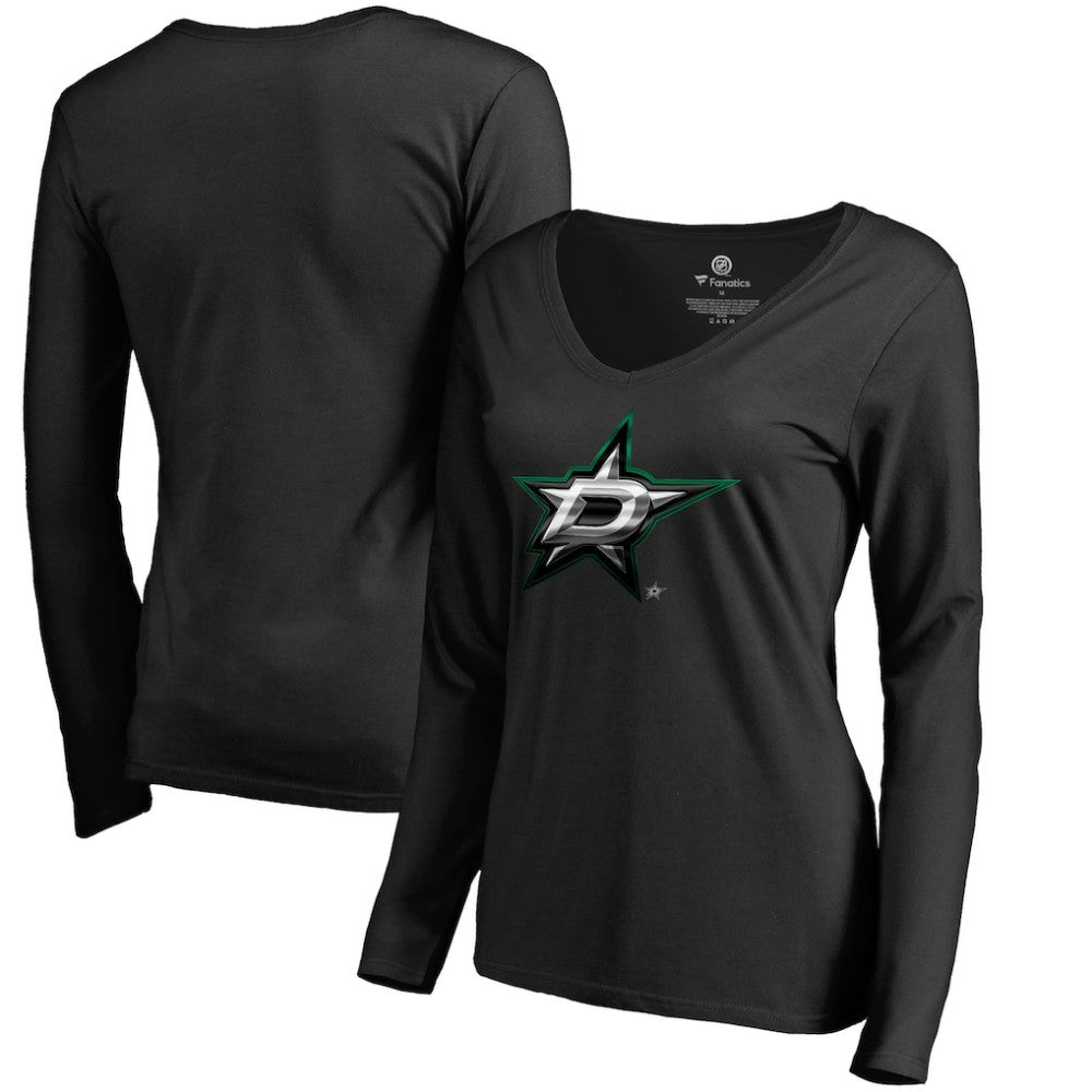Dallas Stars Women's Midnight Mascot Long Sleeve V-Neck T-Shirt - Black - NHL 2874643