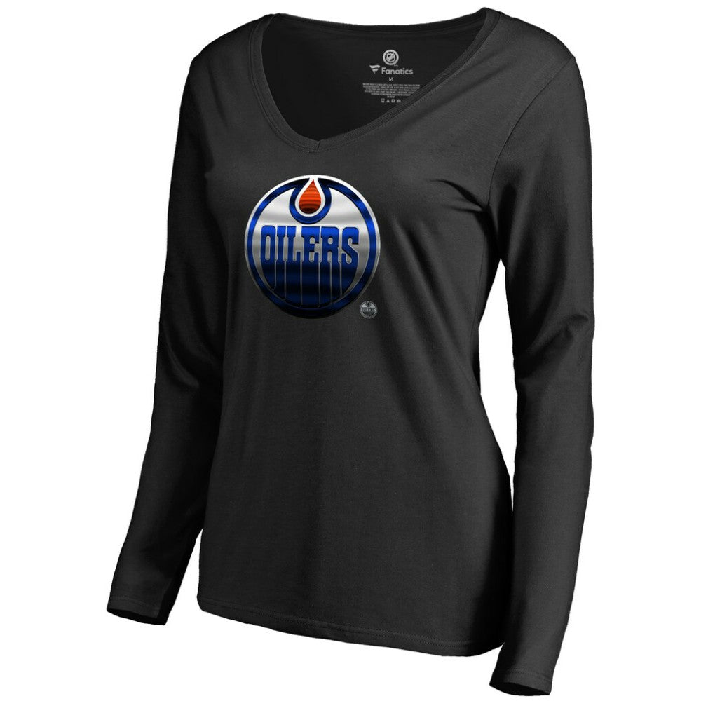Edmonton Oilers Women's Midnight Mascot Long Sleeve V-Neck T-Shirt - Black - NHL 2874645