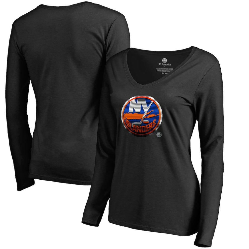 New York Islanders Women's Midnight Mascot Long Sleeve V-Neck T-Shirt - Black - NHL 2874652