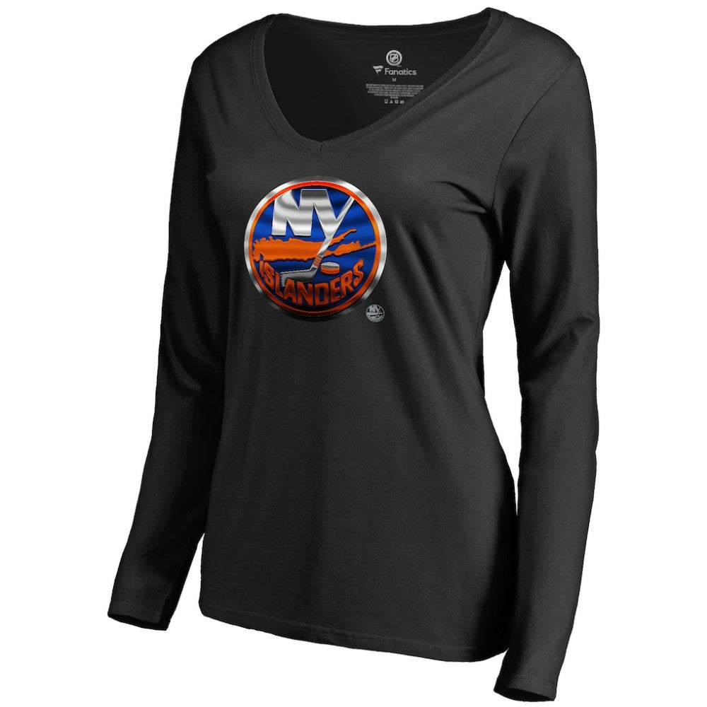 New York Islanders Women's Midnight Mascot Long Sleeve V-Neck T-Shirt - Black - NHL 2874652