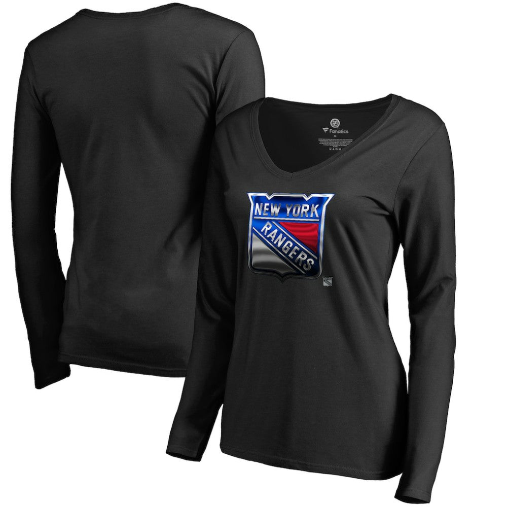 New York Rangers Women's Midnight Mascot Long Sleeve V-Neck T-Shirt - Black - NHL 2874653