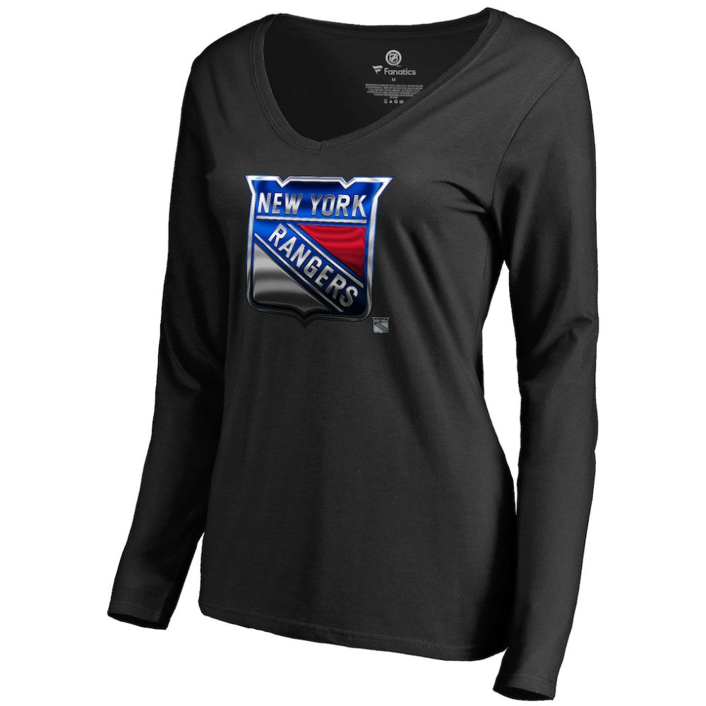 New York Rangers Women's Midnight Mascot Long Sleeve V-Neck T-Shirt - Black - NHL 2874653