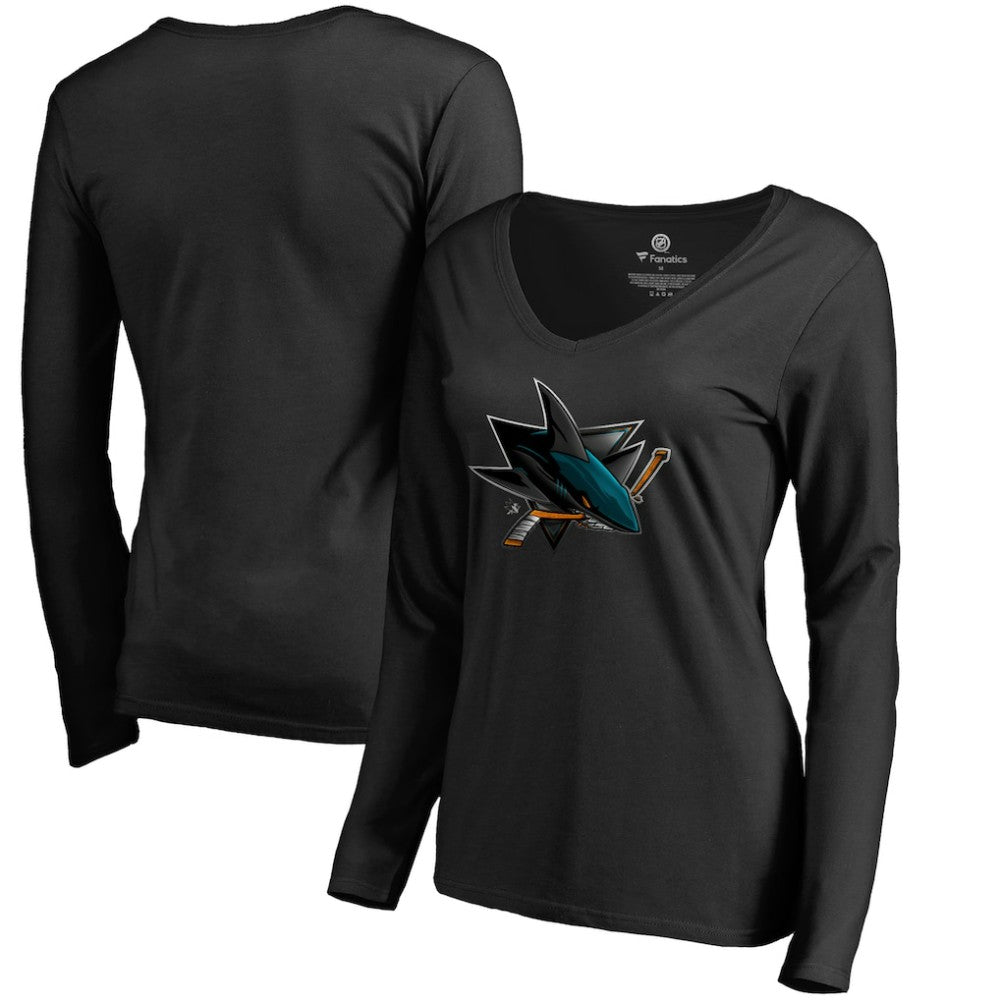 San Jose Sharks Women's Midnight Mascot Long Sleeve V-Neck T-Shirt - Black - NHL 2874657