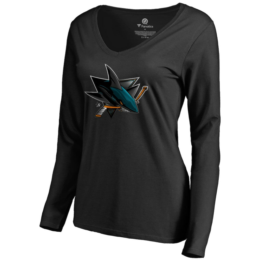 San Jose Sharks Women's Midnight Mascot Long Sleeve V-Neck T-Shirt - Black - NHL 2874657