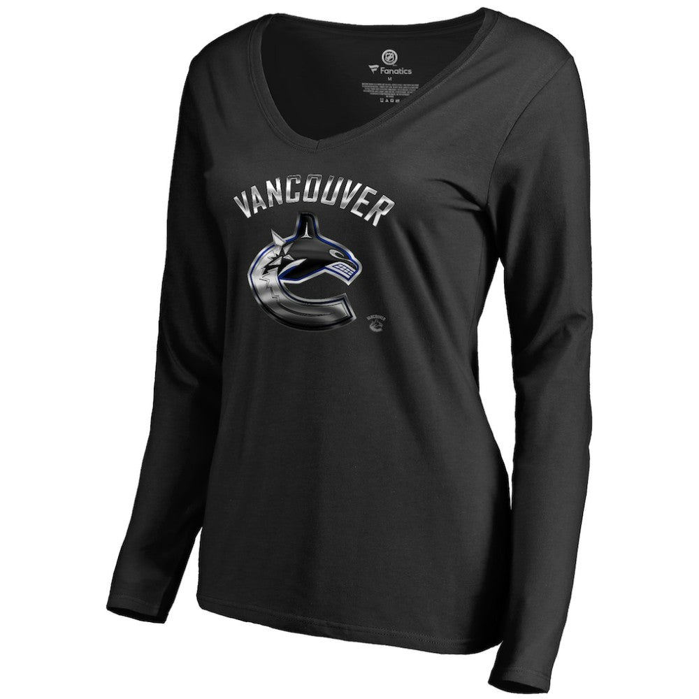 Vancouver Canucks Women's Midnight Mascot Long Sleeve V-Neck T-Shirt - Black - NHL 2874661