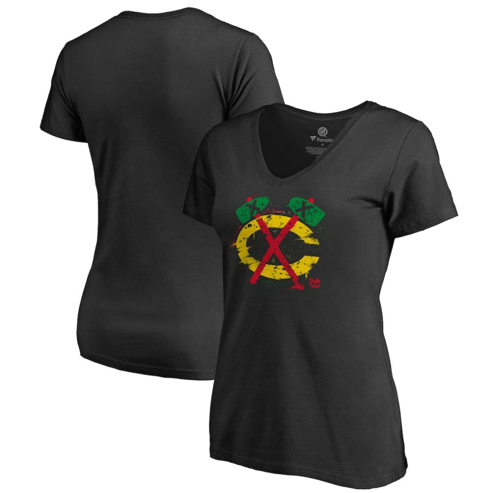 Chicago Blackhawks Women's Splatter Logo V-Neck T-Shirt - Black - NHL 2902304