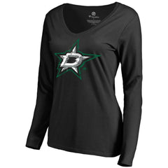 Dallas Stars Women's Splatter Logo V-Neck Long Sleeve T-Shirt - Black - NHL 2902338