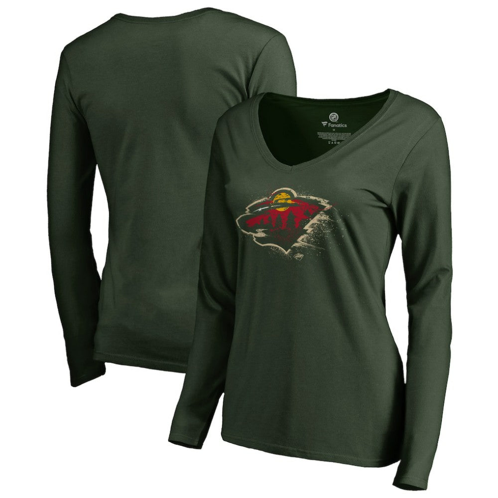 Minnesota Wild Women's Splatter Logo V-Neck Long Sleeve T-Shirt - Green - NHL 2902343