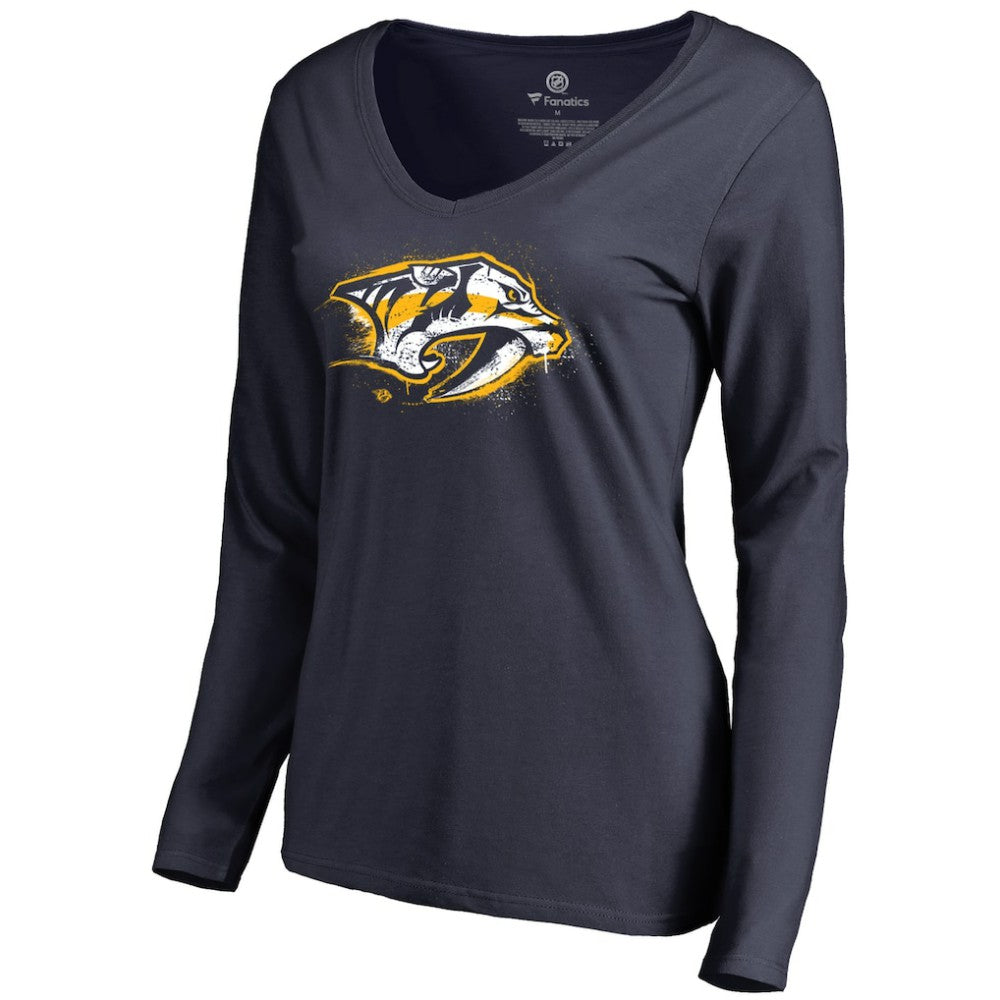 Nashville Predators Women's Splatter Logo V-Neck Long Sleeve T-Shirt - Navy - NHL 2902345