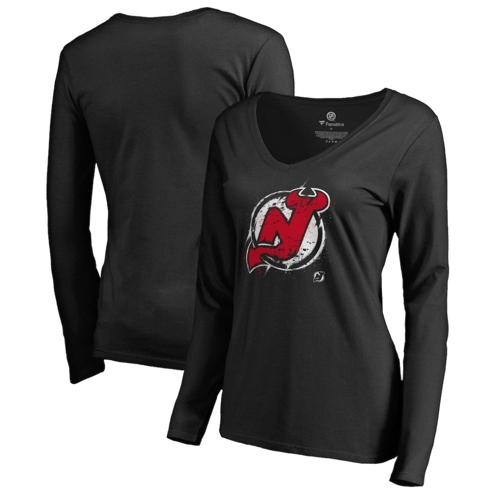 New Jersey Devils Women's Splatter Logo V-Neck Long Sleeve T-Shirt - Black - NHL 2902346