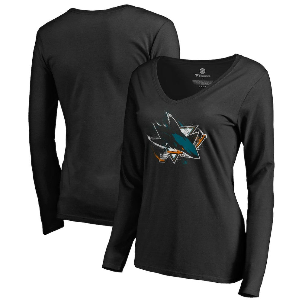 San Jose Sharks Women's Splatter Logo V-Neck Long Sleeve T-Shirt - Black - NHL 2902352
