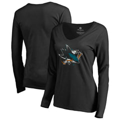 San Jose Sharks Women's Splatter Logo V-Neck Long Sleeve T-Shirt - Black - NHL 2902352