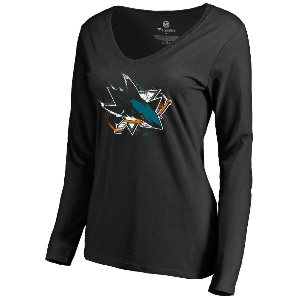 San Jose Sharks Women's Splatter Logo V-Neck Long Sleeve T-Shirt - Black - NHL 2902352