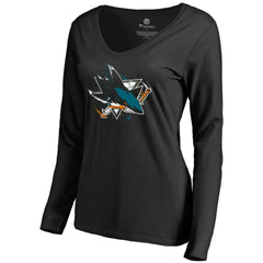 San Jose Sharks Women's Splatter Logo V-Neck Long Sleeve T-Shirt - Black - NHL 2902352