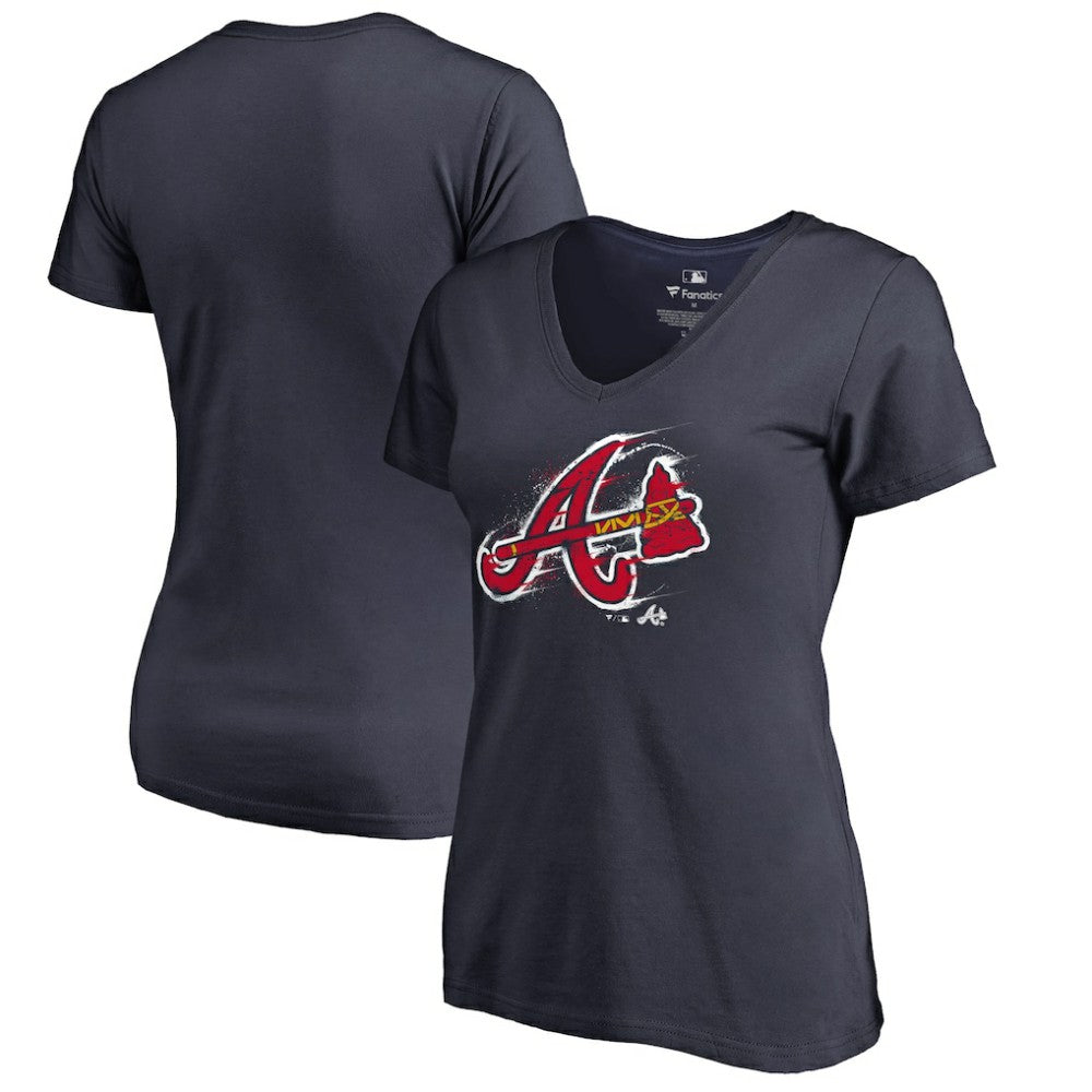 Atlanta Braves Women's Splatter Logo V-Neck T-Shirt - Navy - MLB Discount