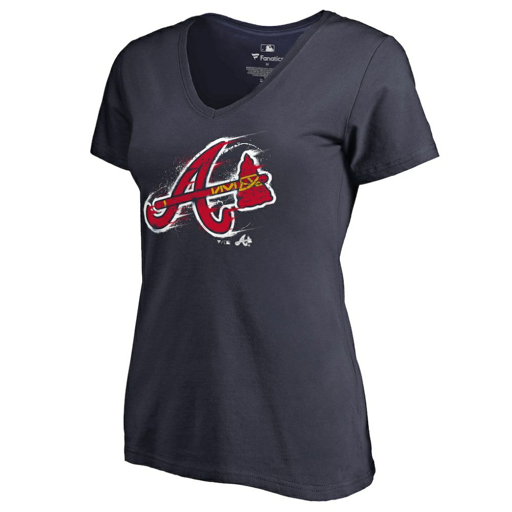 Atlanta Braves Women's Splatter Logo V-Neck T-Shirt - Navy - MLB Discount