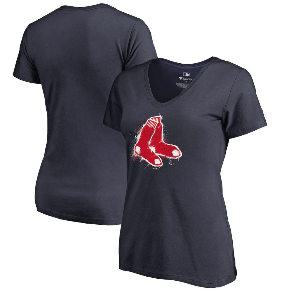 Boston Red Sox Women's Splatter Logo V-Neck T-Shirt - Navy - MLB Discount