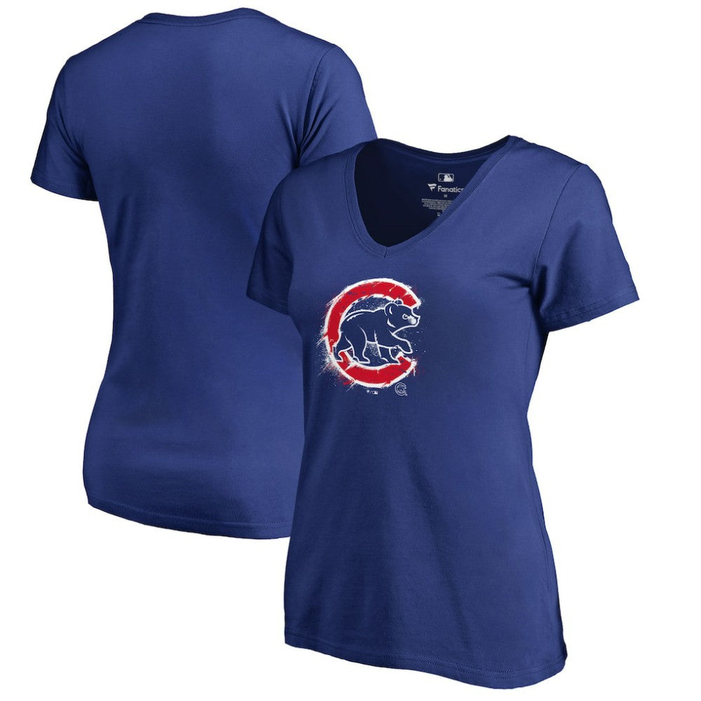 Chicago Cubs Women's Splatter Logo V-Neck T-Shirt - Royal - MLB Discount