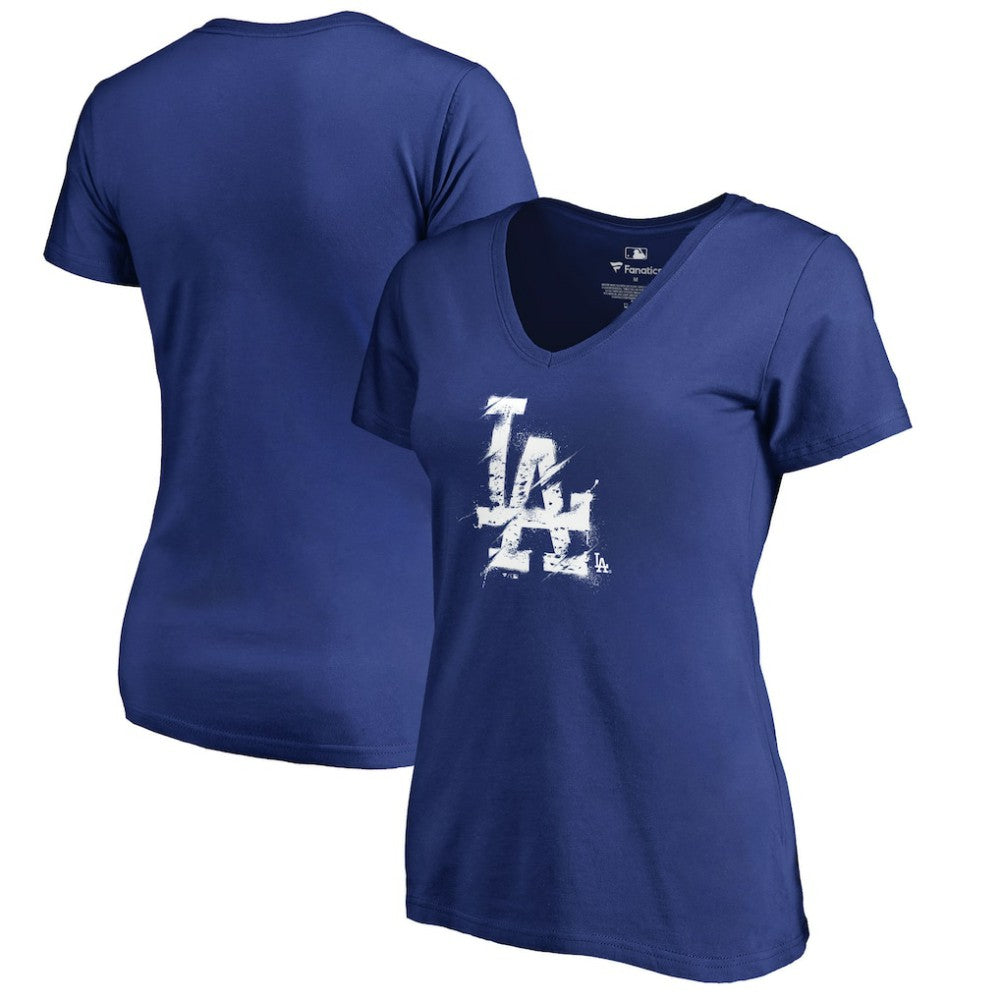 Los Angeles Dodgers Women's Splatter Logo V-Neck T-Shirt - Royal - MLB Discount